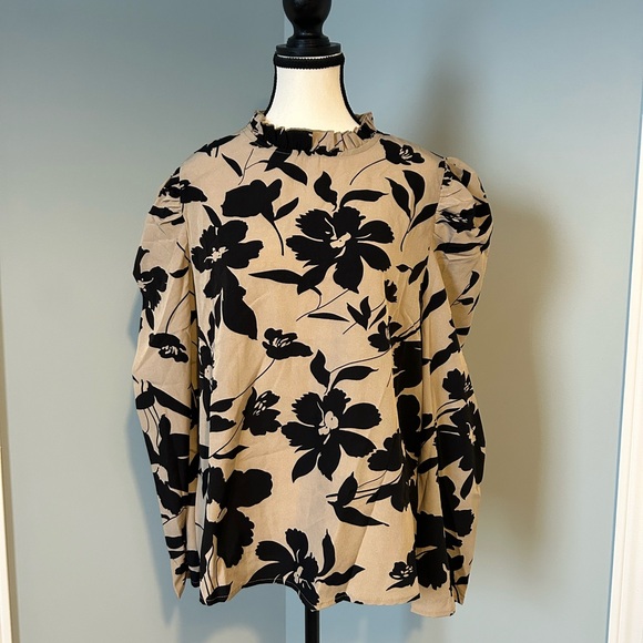 SHEIN Tops - NWOT SHEIN Floral Puff Sleeve Ruffle Neck Blouse - Size XL